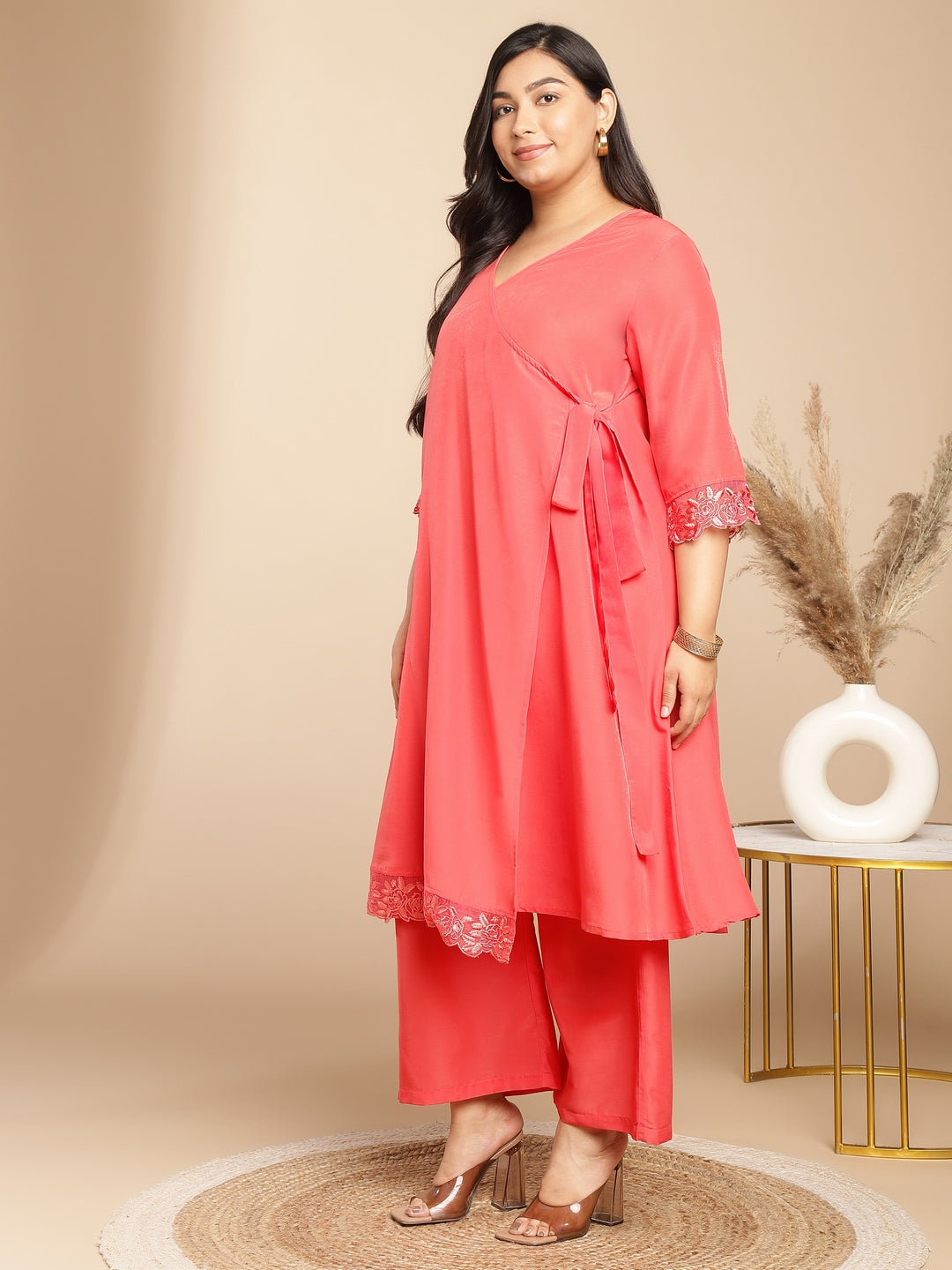 Janasya Angrakha Muslin Peach Solid V-Neck Kurta & Bottom | Grocsy