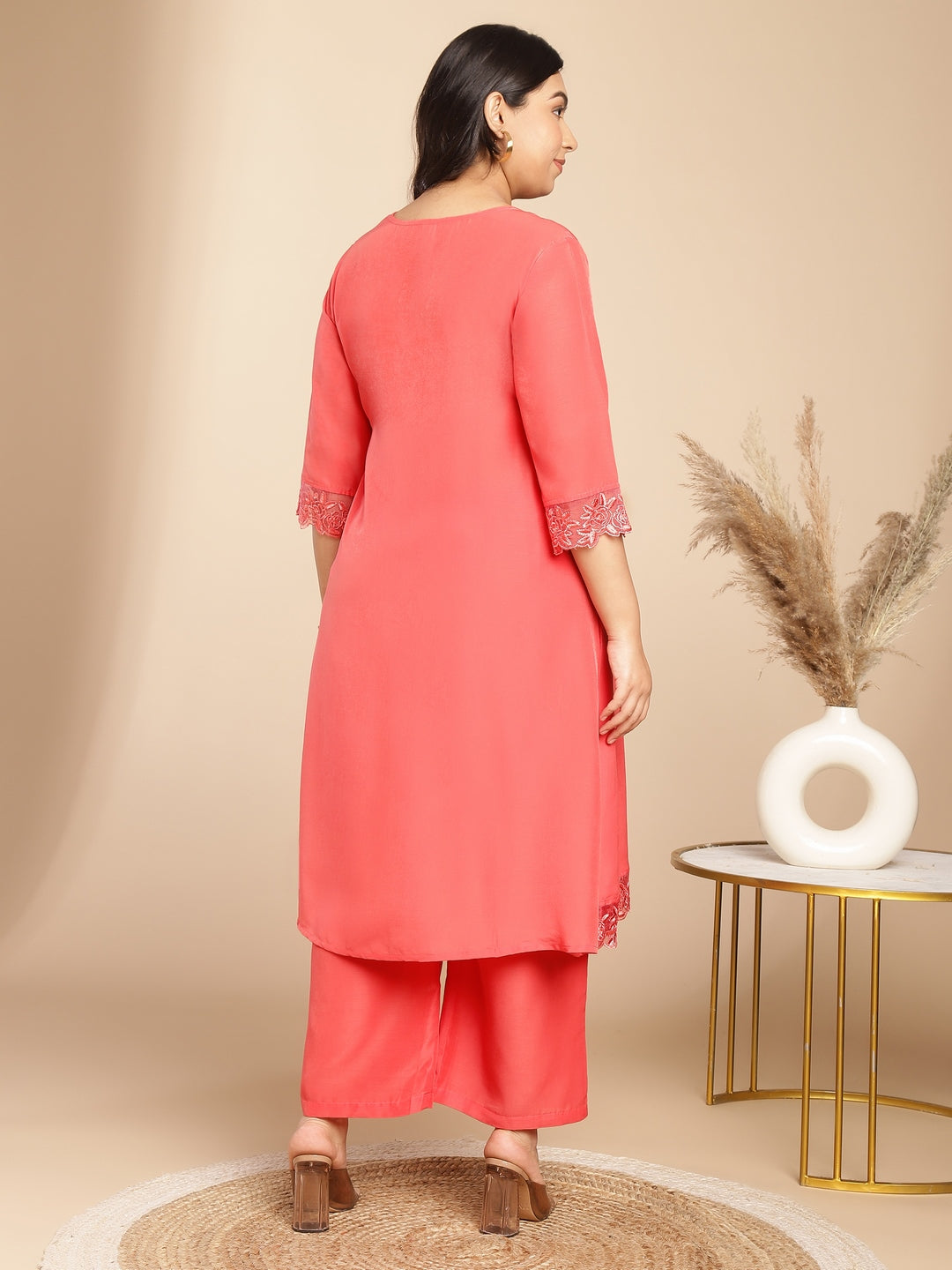 Janasya Angrakha Muslin Peach Solid V-Neck Kurta & Bottom | Grocsy