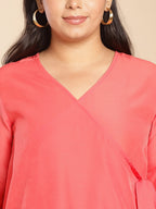 Janasya Angrakha Muslin Peach Solid V-Neck Kurta & Bottom | Grocsy