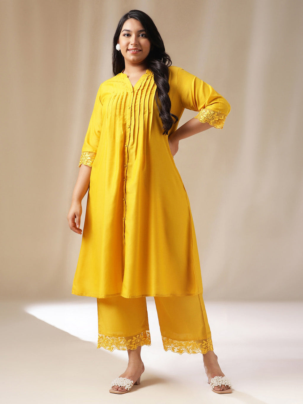 Janasya Pleated Muslin Yellow Solid Band Collar Kurta Set | Grocsy