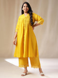 Janasya Pleated Muslin Yellow Solid Band Collar Kurta Set | Grocsy