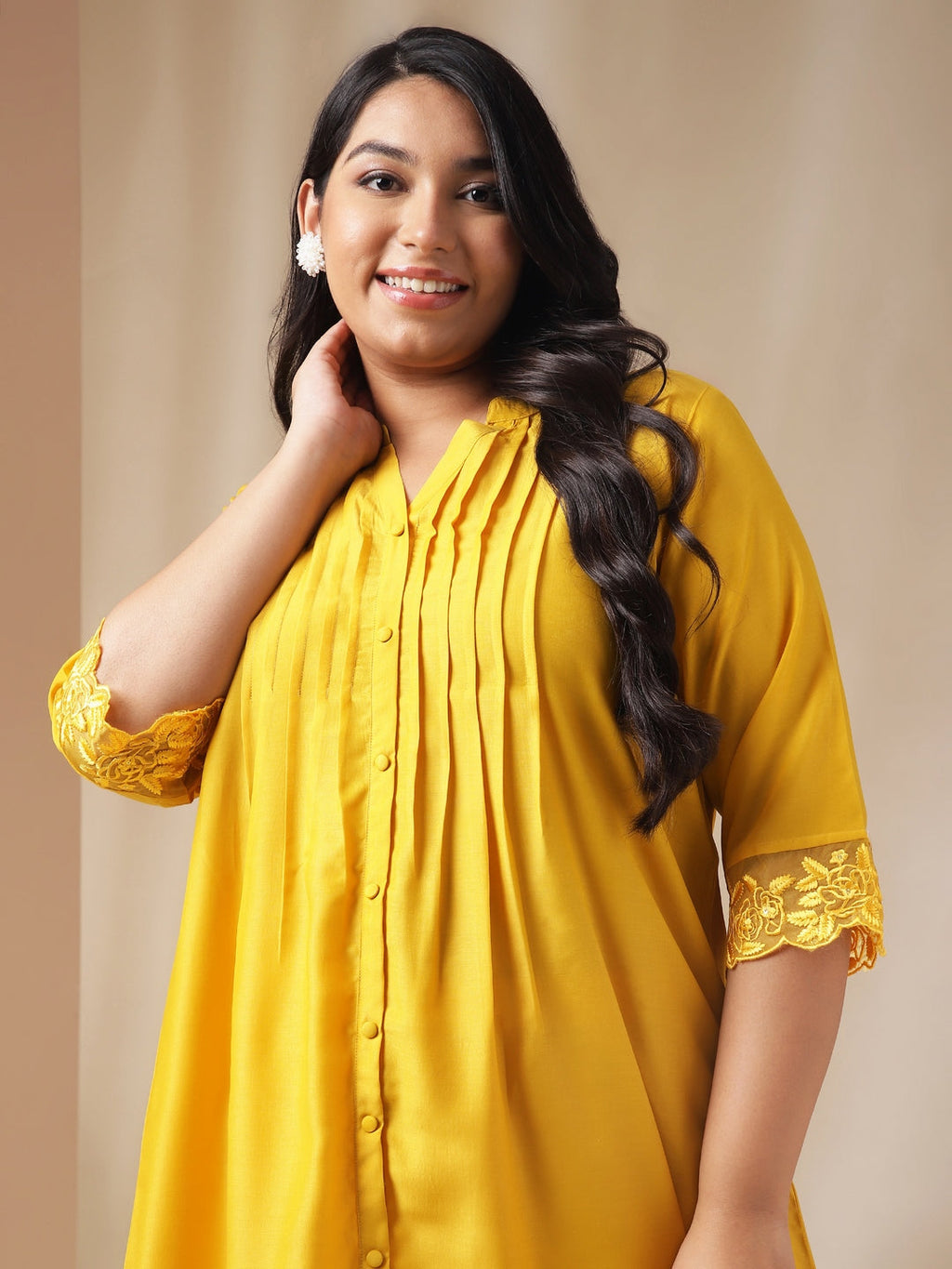 Janasya Pleated Muslin Yellow Solid Band Collar Kurta Set | Grocsy