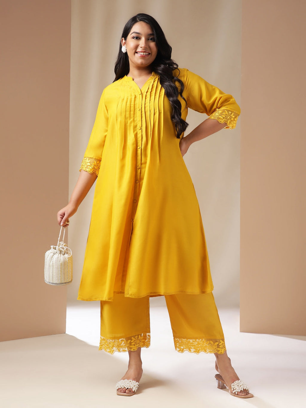 Janasya Pleated Muslin Yellow Solid Band Collar Kurta Set | Grocsy