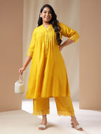 Janasya Pleated Muslin Yellow Solid Band Collar Kurta Set | Grocsy