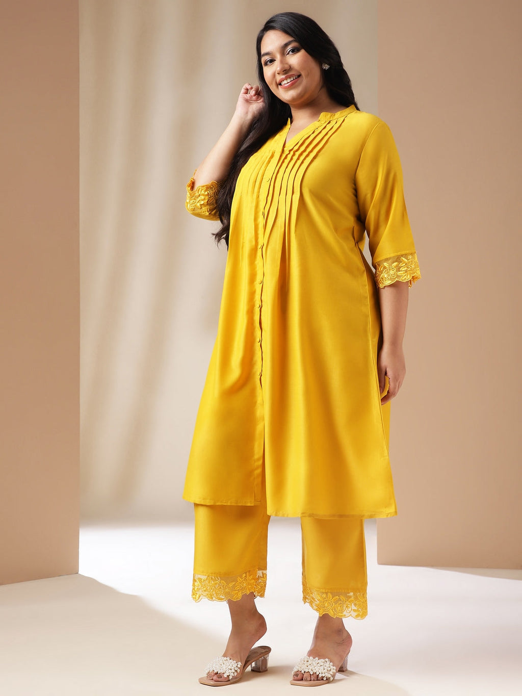 Janasya Pleated Muslin Yellow Solid Band Collar Kurta Set | Grocsy