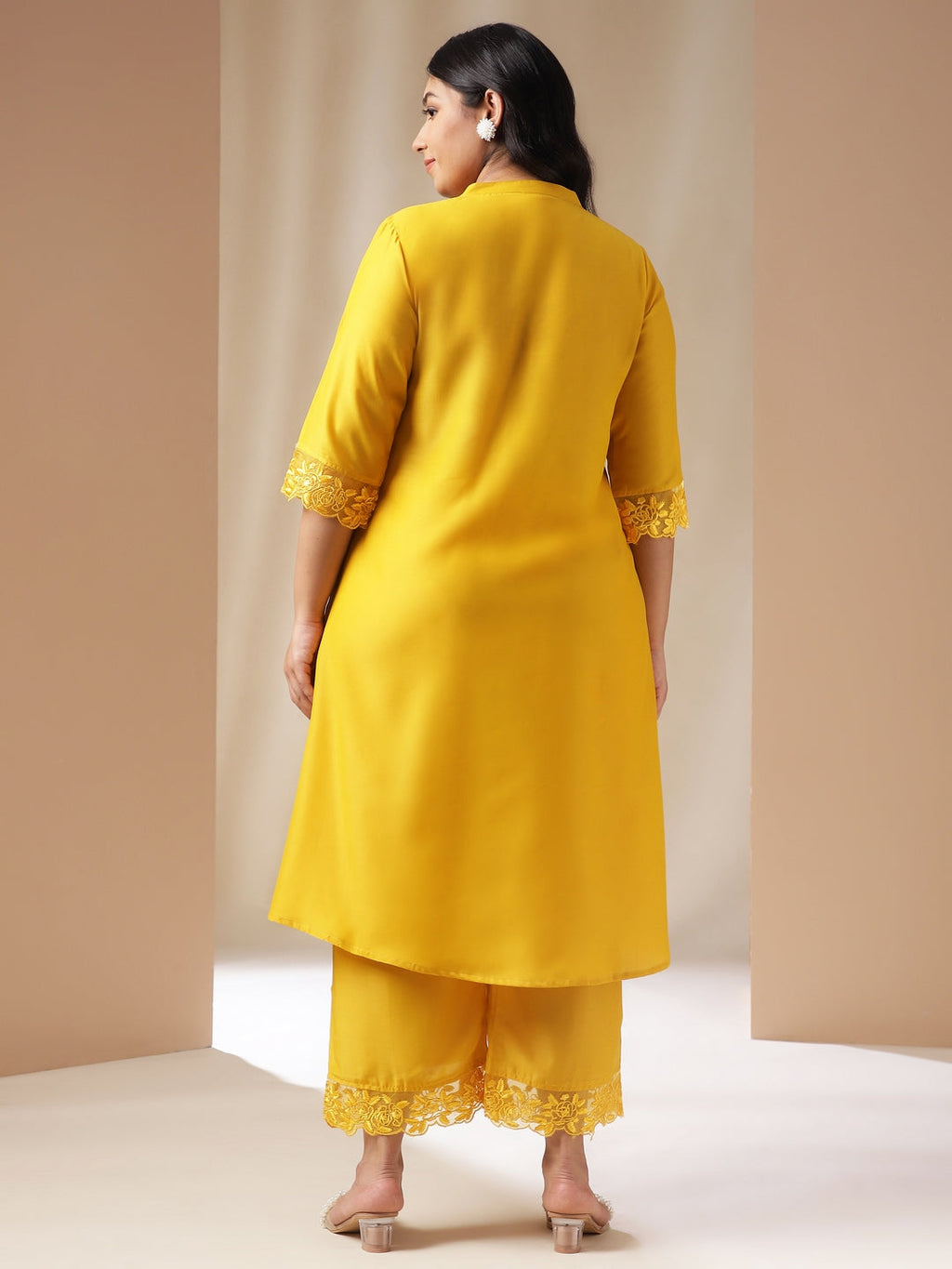 Janasya Pleated Muslin Yellow Solid Band Collar Kurta Set | Grocsy