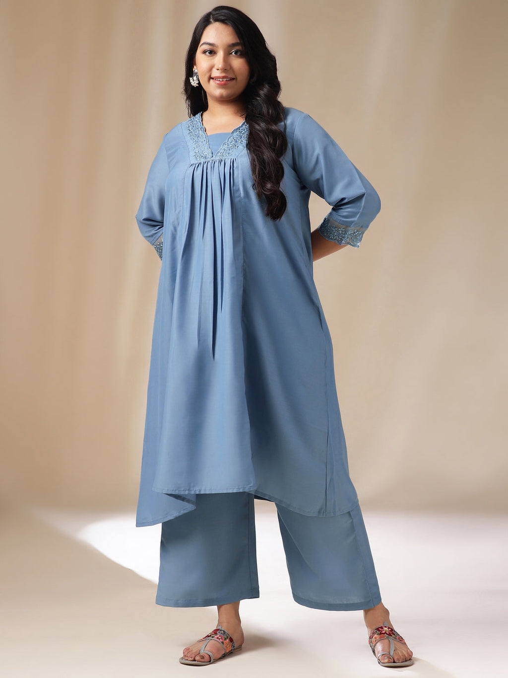 Janasya Gathering Muslin Blue Solid V-Neck Set | Grocsy