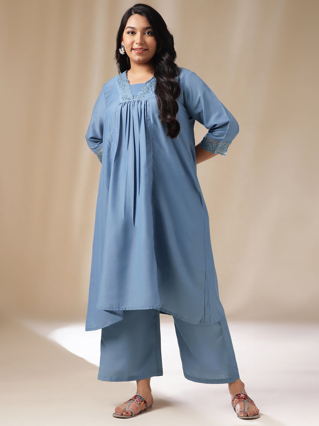 Janasya Gathering Muslin Blue Solid V-Neck Set | Grocsy