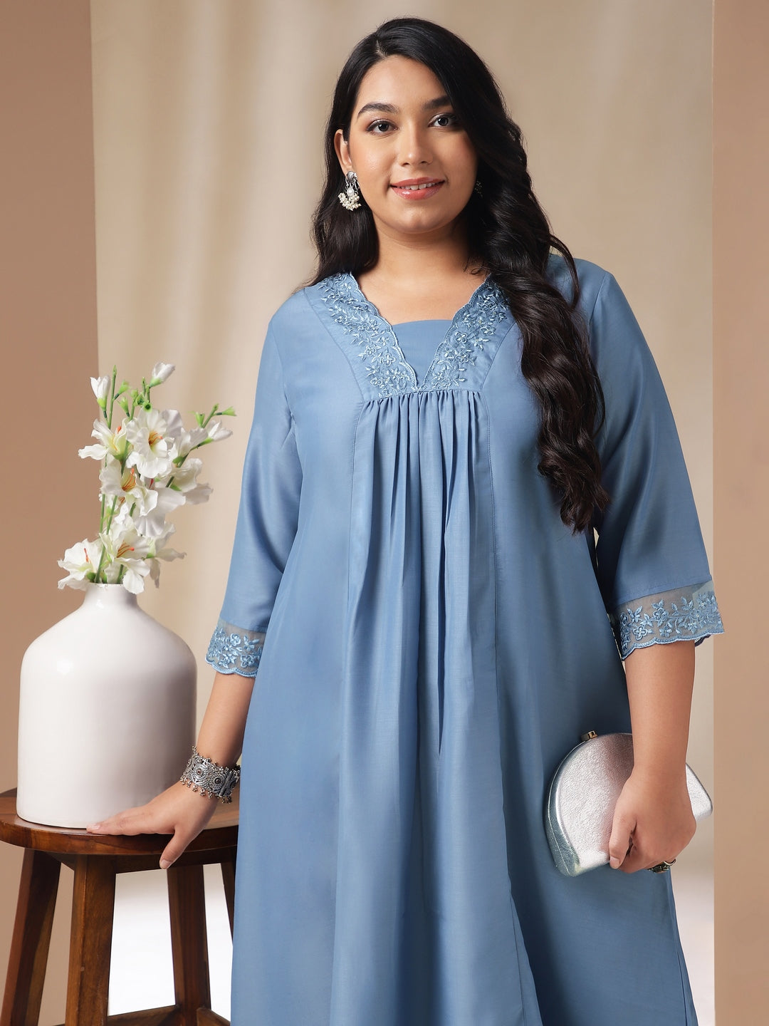 Janasya Gathering Muslin Blue Solid V-Neck Set | Grocsy