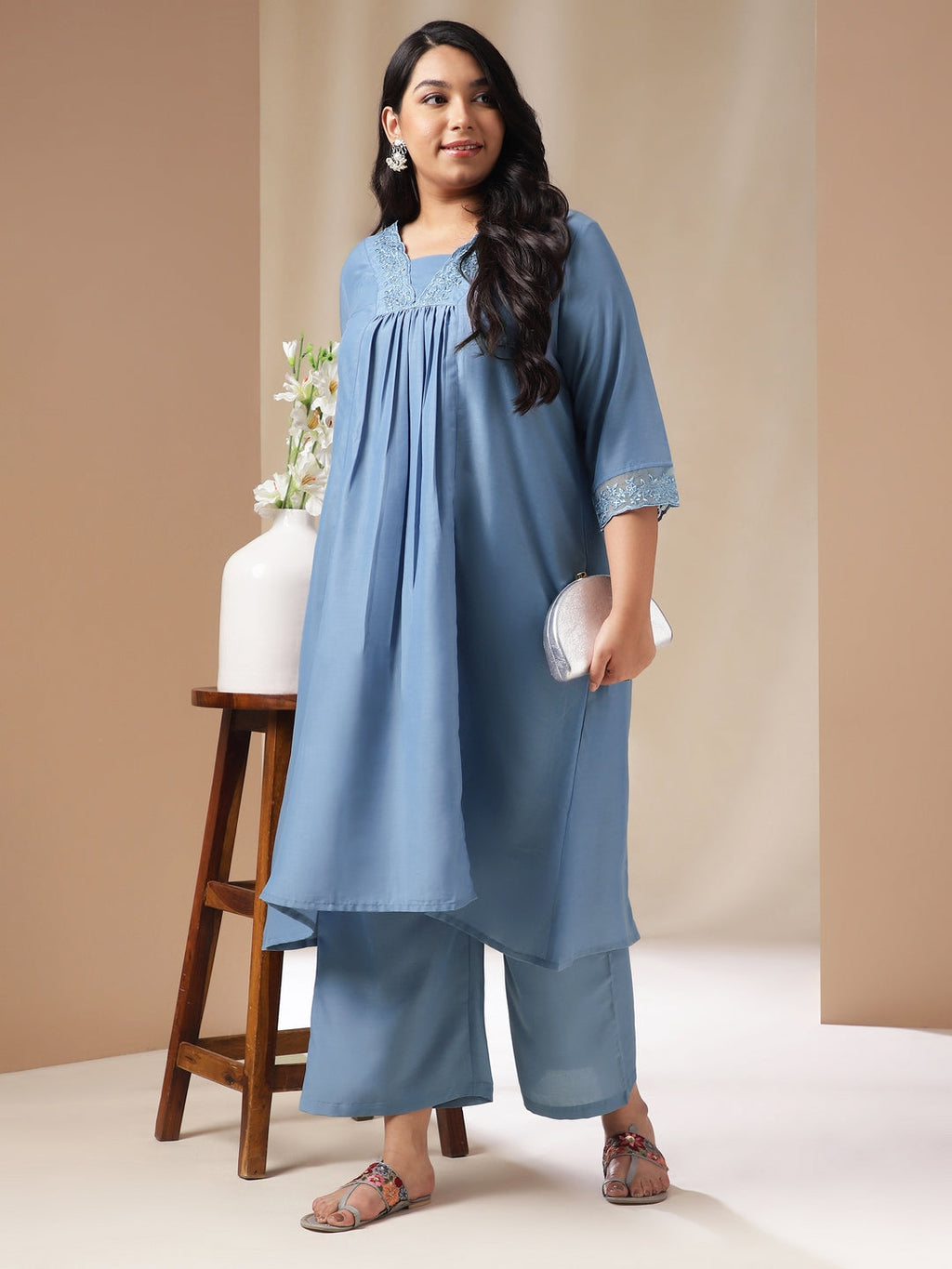 Janasya Gathering Muslin Blue Solid V-Neck Set | Grocsy