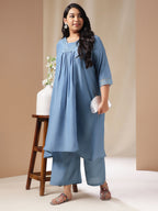 Janasya Gathering Muslin Blue Solid V-Neck Set | Grocsy