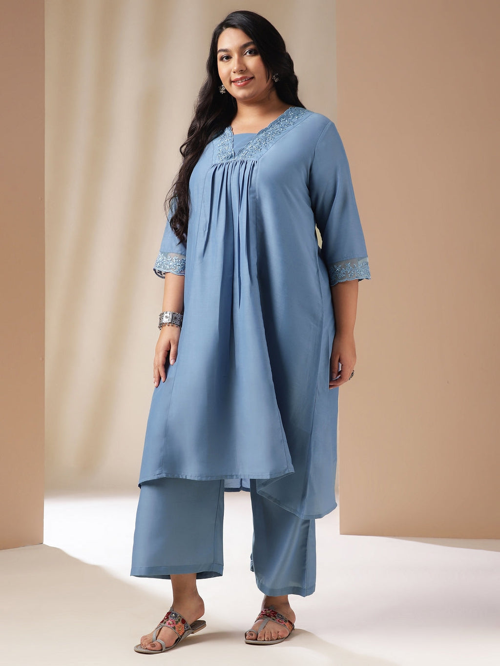 Janasya Gathering Muslin Blue Solid V-Neck Set | Grocsy