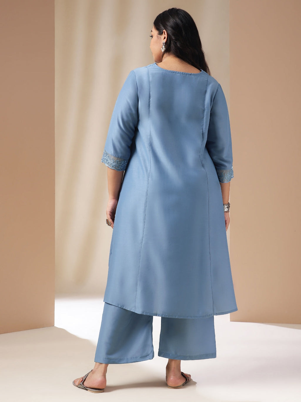Janasya Gathering Muslin Blue Solid V-Neck Set | Grocsy