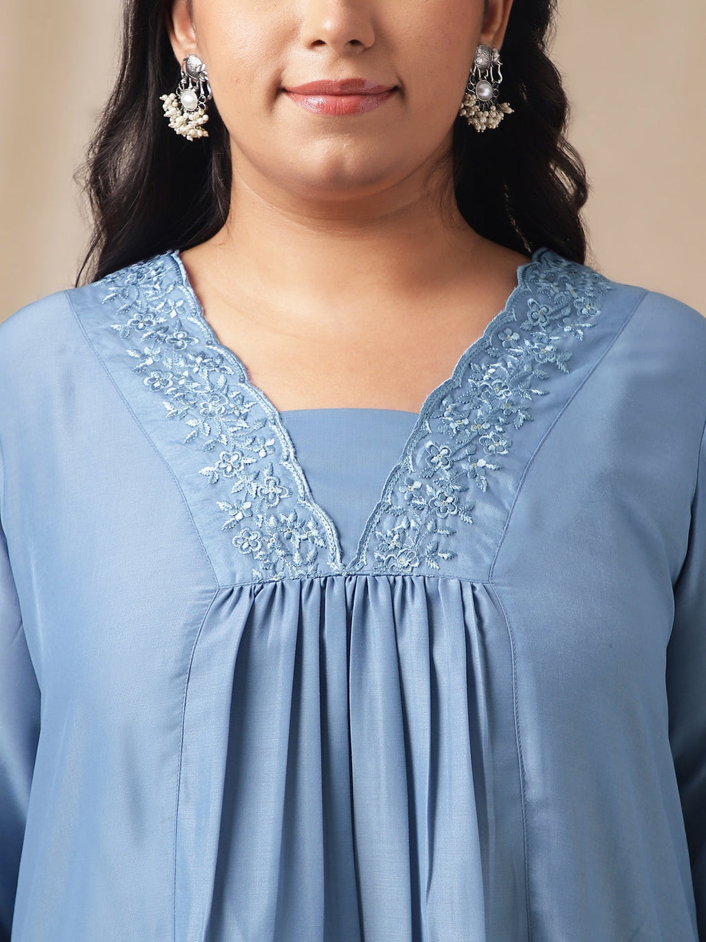 Janasya Gathering Muslin Blue Solid V-Neck Set | Grocsy