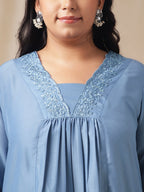 Janasya Gathering Muslin Blue Solid V-Neck Set | Grocsy
