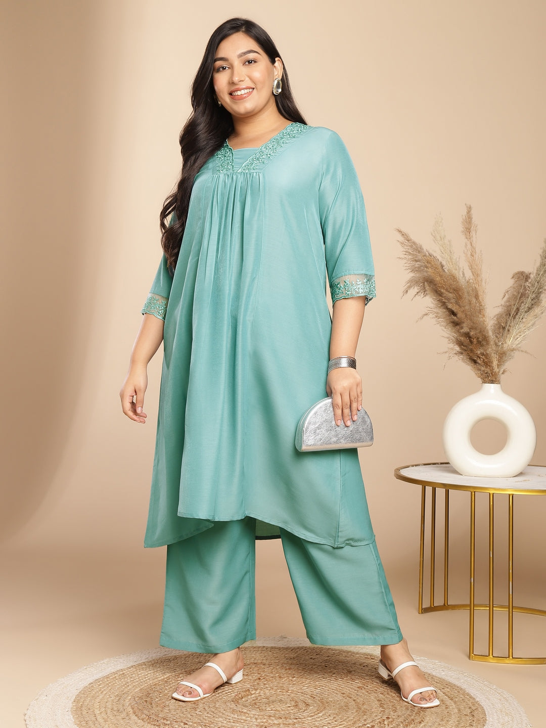 Janasya Gathering Muslin Sage Yoke Embroidery V-Neck Kurta Set | Grocsy