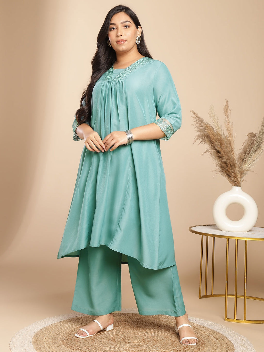 Janasya Gathering Muslin Sage Yoke Embroidery V-Neck Kurta Set | Grocsy