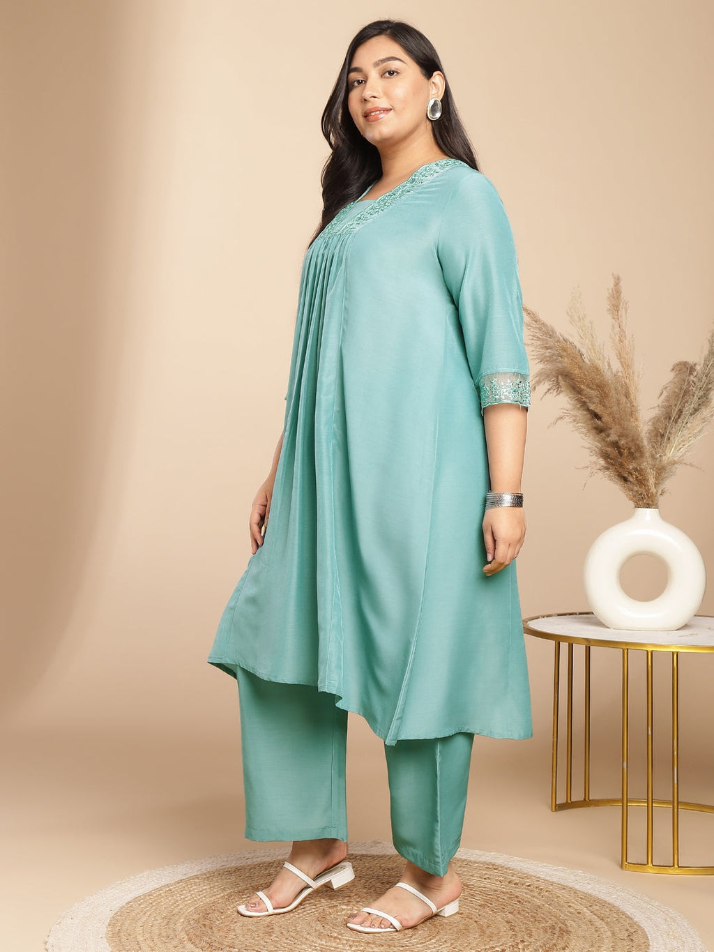 Janasya Gathering Muslin Sage Yoke Embroidery V-Neck Kurta Set | Grocsy