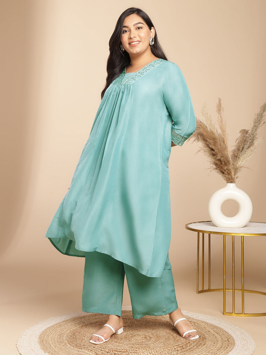 Janasya Gathering Muslin Sage Yoke Embroidery V-Neck Kurta Set | Grocsy