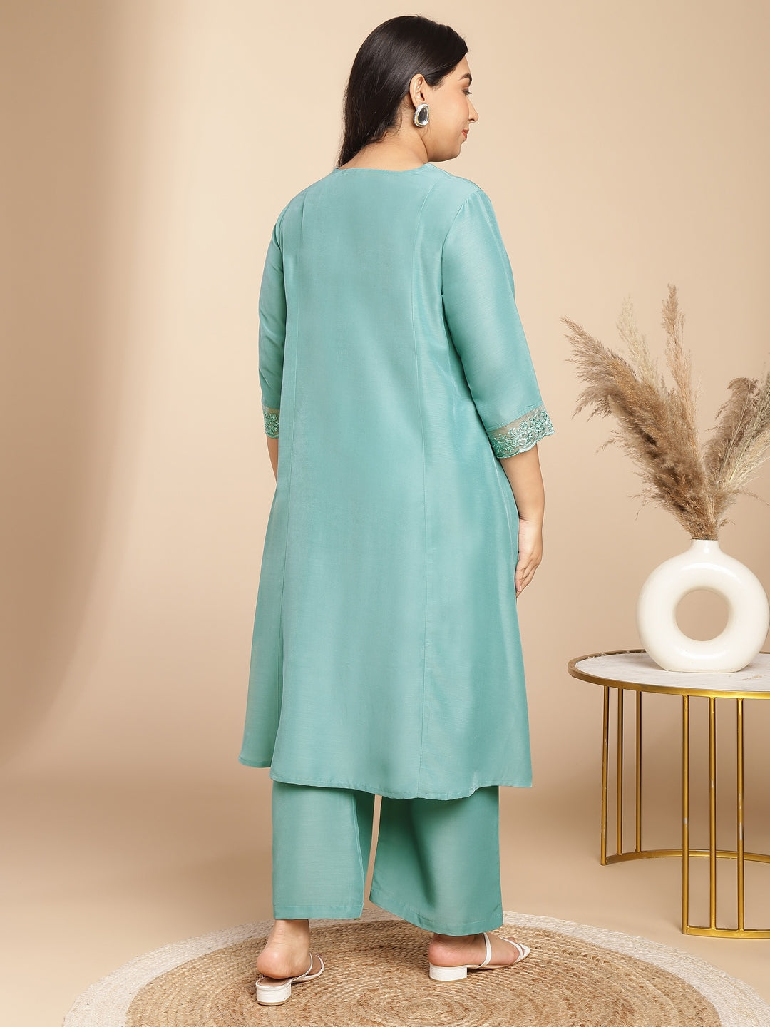 Janasya Gathering Muslin Sage Yoke Embroidery V-Neck Kurta Set | Grocsy