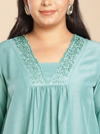 Janasya Gathering Muslin Sage Yoke Embroidery V-Neck Kurta Set | Grocsy