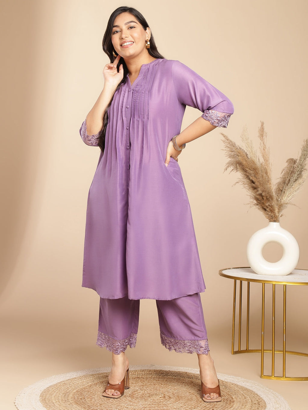 Janasya Pleated Muslin Lavender Embroidered V-Neck with Band Collar Kurta & Bottom | Grocsy
