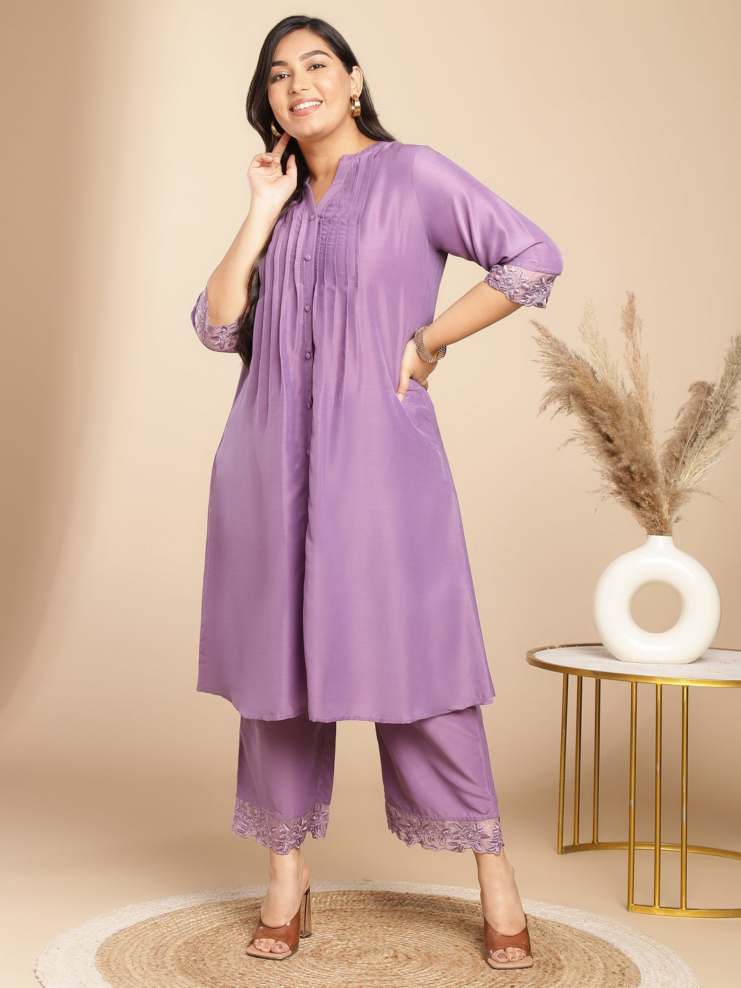 Janasya Pleated Muslin Lavender Embroidered V-Neck with Band Collar Kurta & Bottom | Grocsy