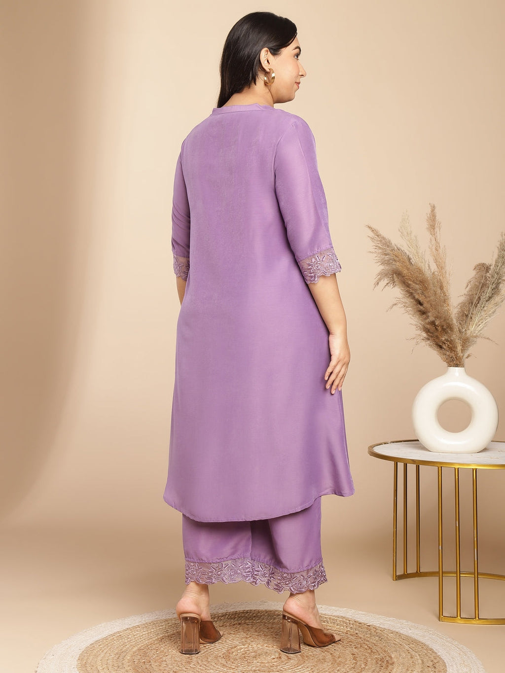 Janasya Pleated Muslin Lavender Embroidered V-Neck with Band Collar Kurta & Bottom | Grocsy