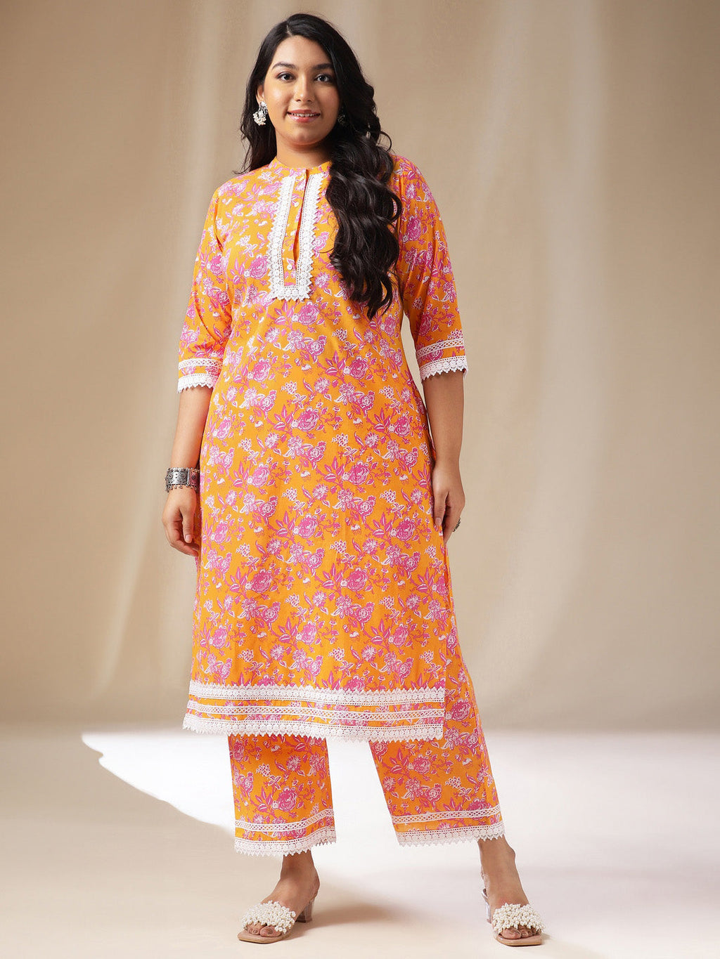Janasya Straight Cambric Orange Floral Band Collar Kurta & Bottom | Grocsy