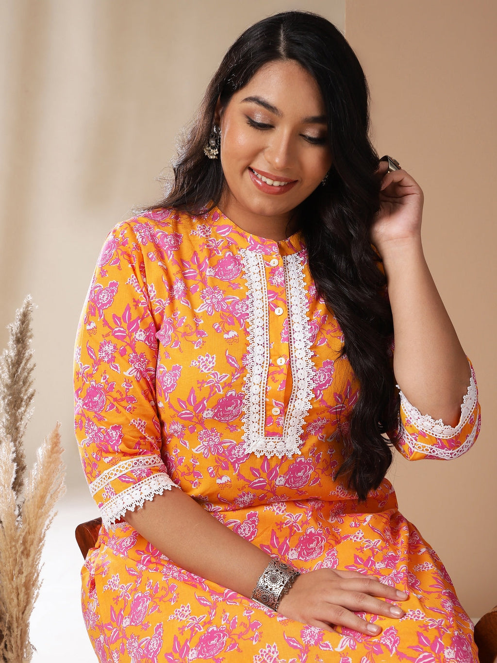Janasya Straight Cambric Orange Floral Band Collar Kurta & Bottom | Grocsy