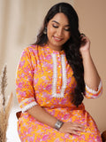Janasya Straight Cambric Orange Floral Band Collar Kurta & Bottom | Grocsy