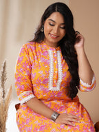 Janasya Straight Cambric Orange Floral Band Collar Kurta & Bottom | Grocsy