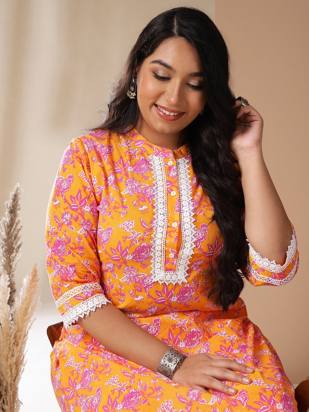 Janasya Straight Cambric Orange Floral Band Collar Kurta & Bottom | Grocsy