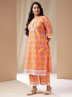 Janasya Straight Cambric Orange Floral Band Collar Kurta & Bottom | Grocsy