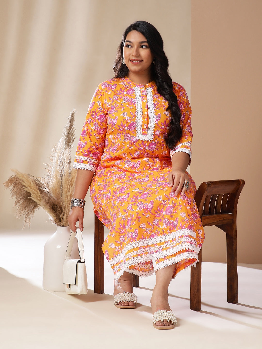 Janasya Straight Cambric Orange Floral Band Collar Kurta & Bottom | Grocsy