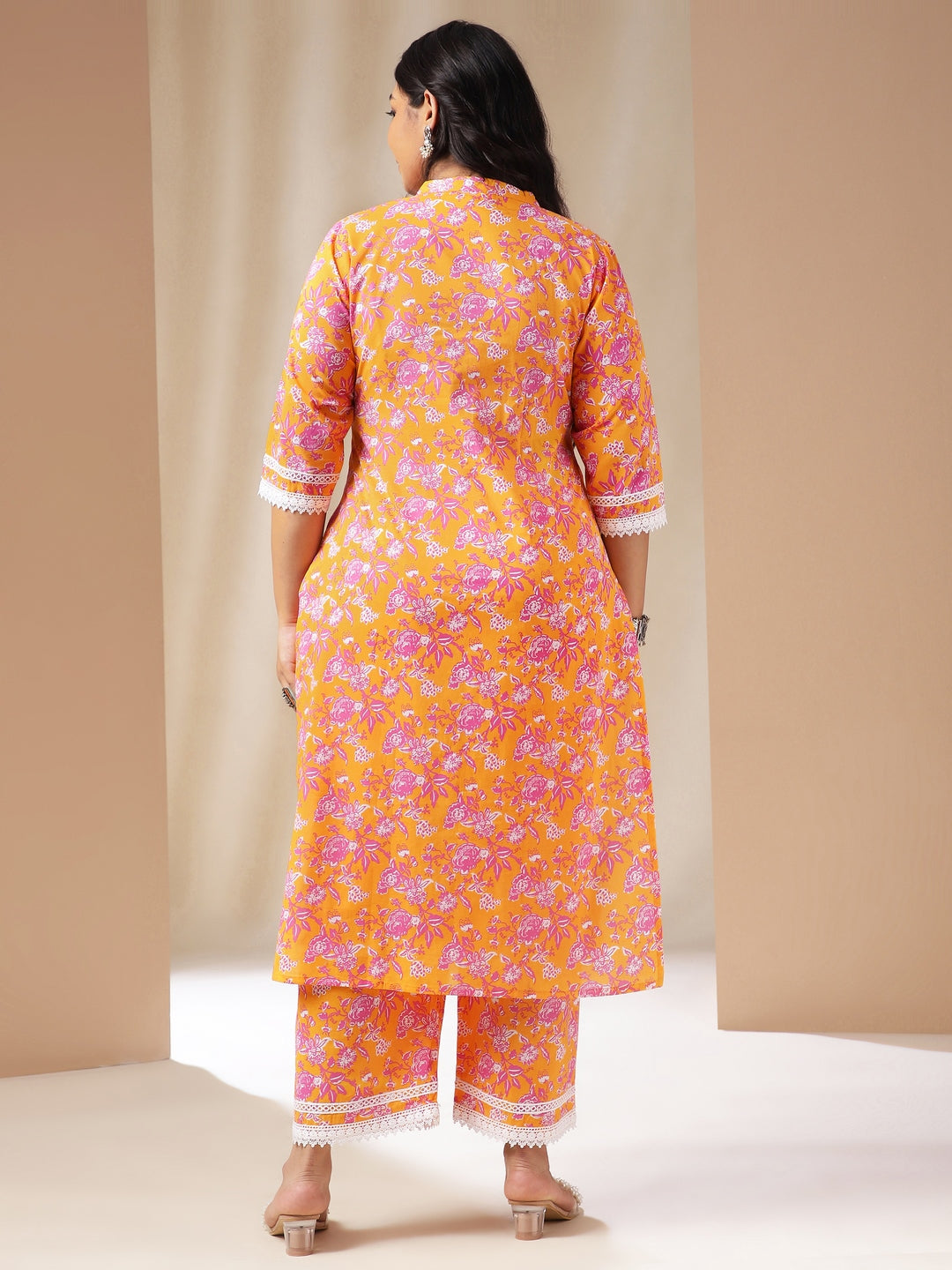 Janasya Straight Cambric Orange Floral Band Collar Kurta & Bottom | Grocsy