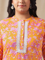 Janasya Straight Cambric Orange Floral Band Collar Kurta & Bottom | Grocsy