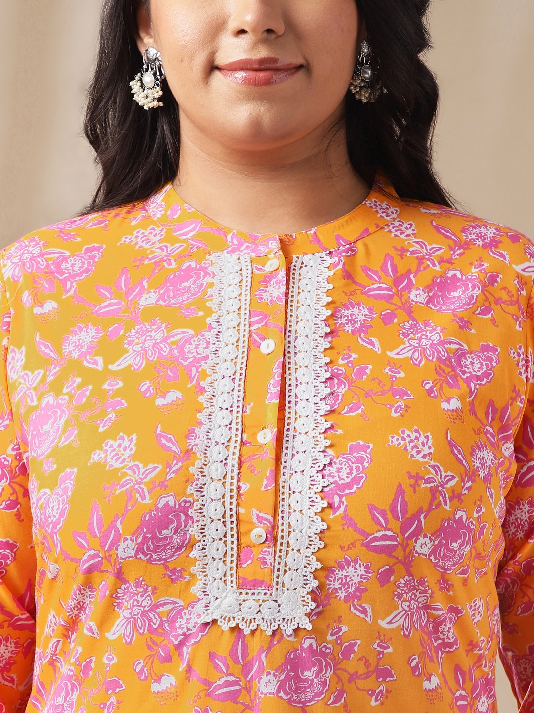 Janasya Straight Cambric Orange Floral Band Collar Kurta & Bottom | Grocsy