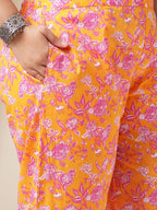 Janasya Straight Cambric Orange Floral Band Collar Kurta & Bottom | Grocsy