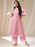 Janasya Straight Cambric Pink Floral V-Neck Set | Grocsy