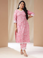 Janasya Straight Cambric Pink Floral V-Neck Set | Grocsy