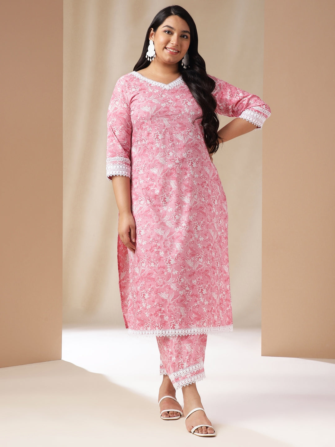 Janasya Straight Cambric Pink Floral V-Neck Set | Grocsy