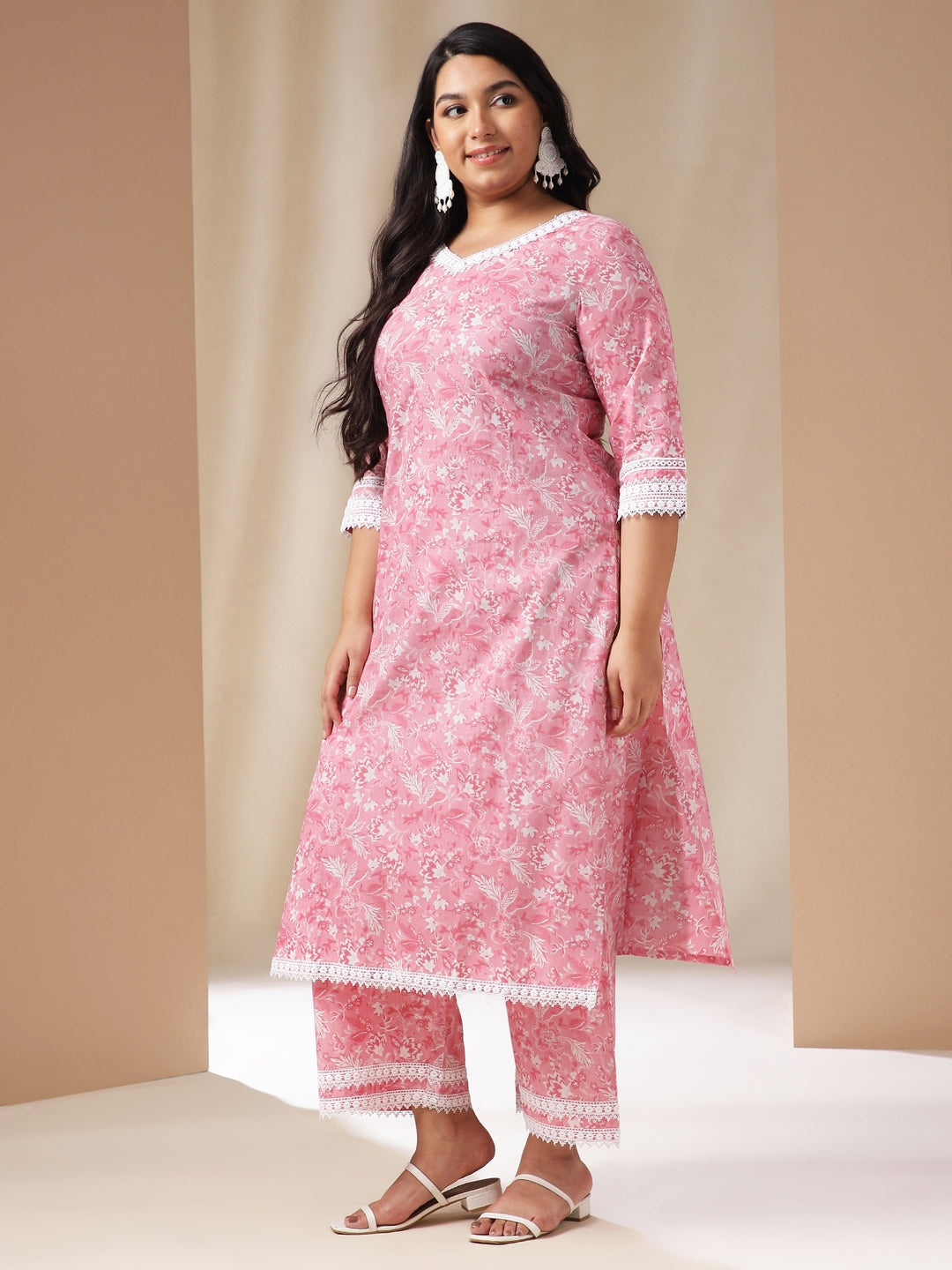 Janasya Straight Cambric Pink Floral V-Neck Set | Grocsy