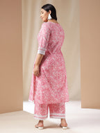 Janasya Straight Cambric Pink Floral V-Neck Set | Grocsy