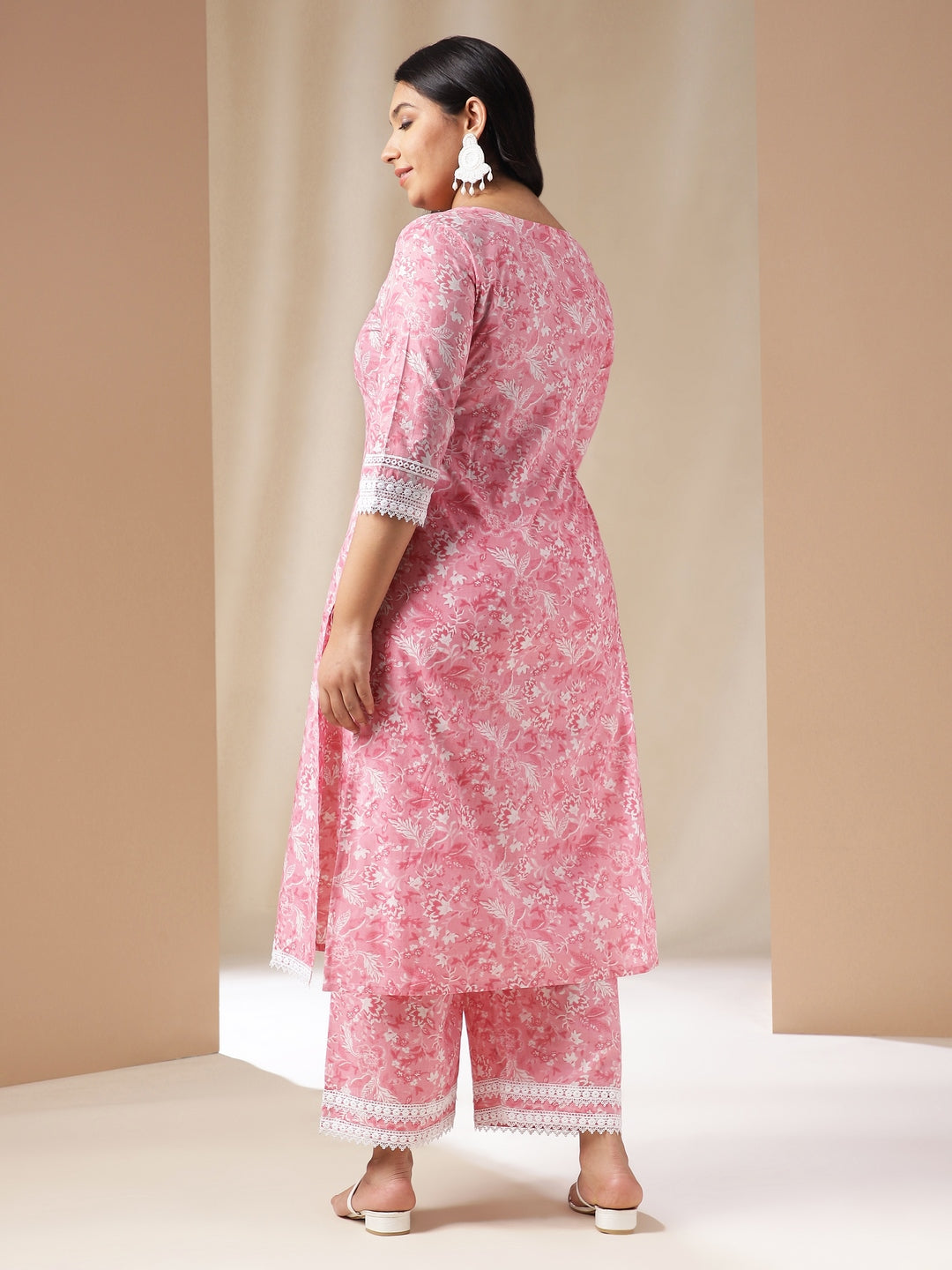 Janasya Straight Cambric Pink Floral V-Neck Set | Grocsy