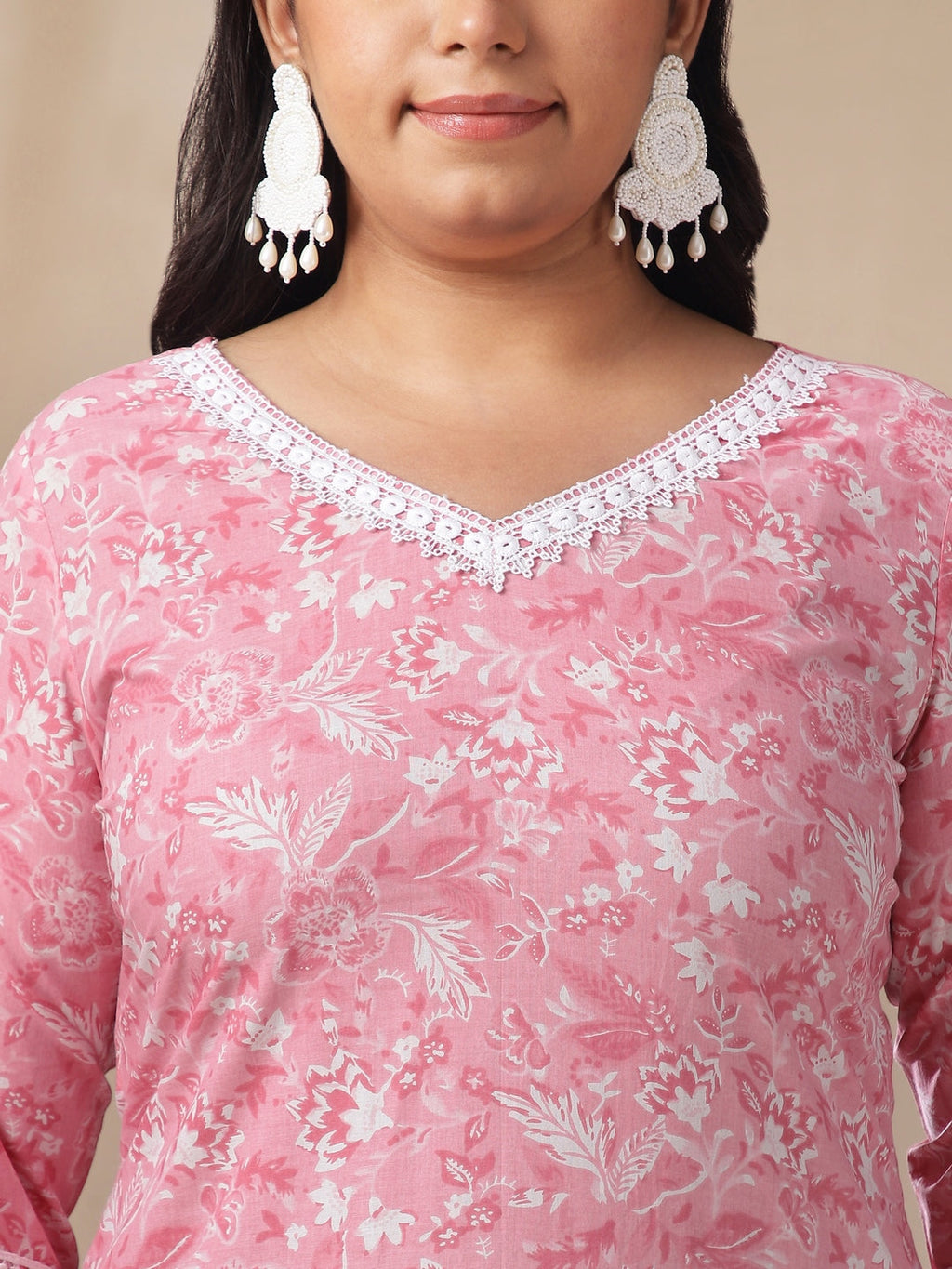 Janasya Straight Cambric Pink Floral V-Neck Set | Grocsy