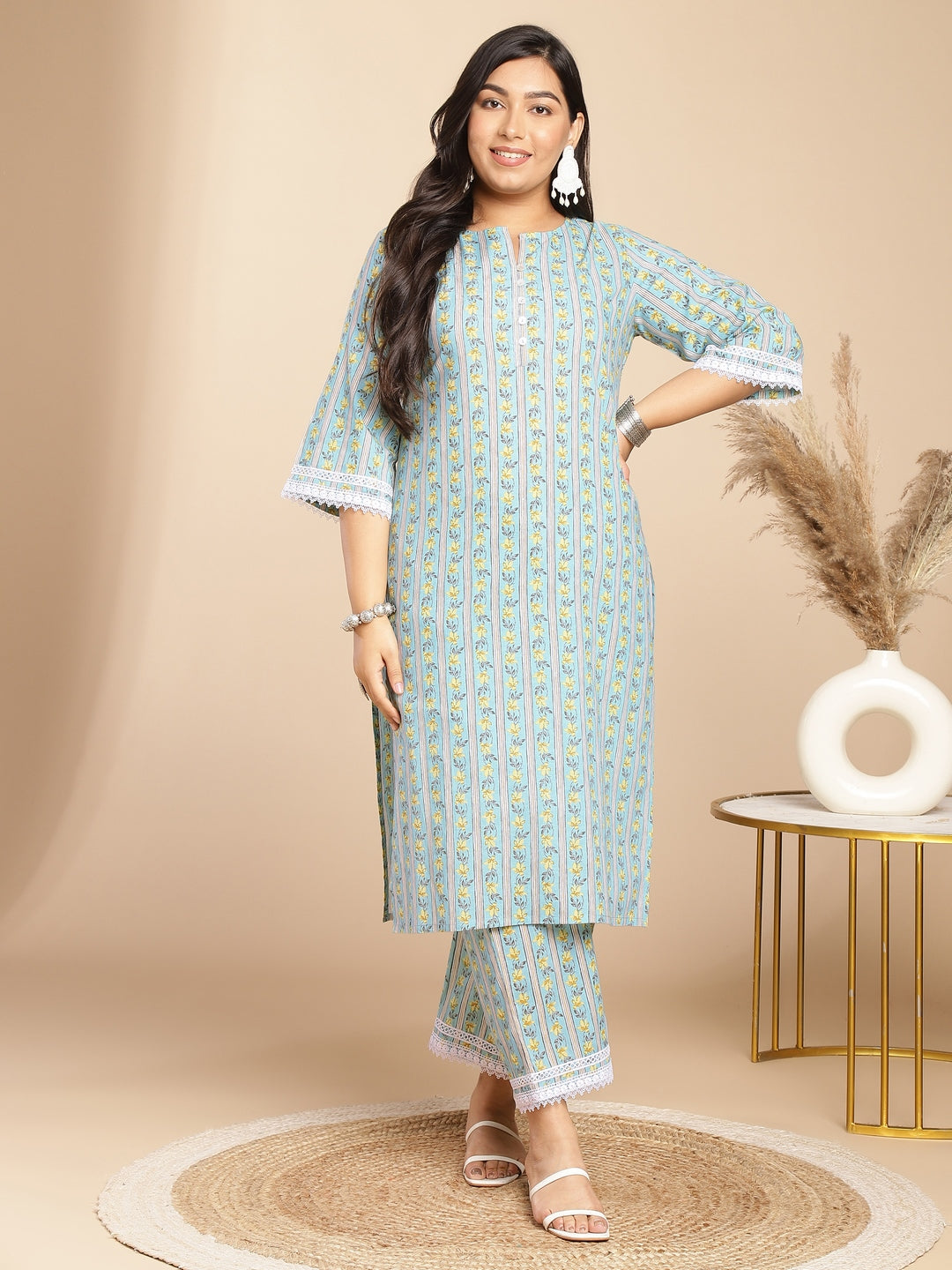 Janasya Regular Cotton Cambric Light Blue Floral Notch Neck Kurta Set | Grocsy