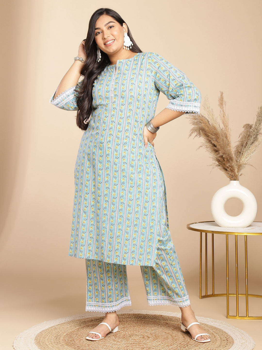 Janasya Regular Cotton Cambric Light Blue Floral Notch Neck Kurta Set | Grocsy