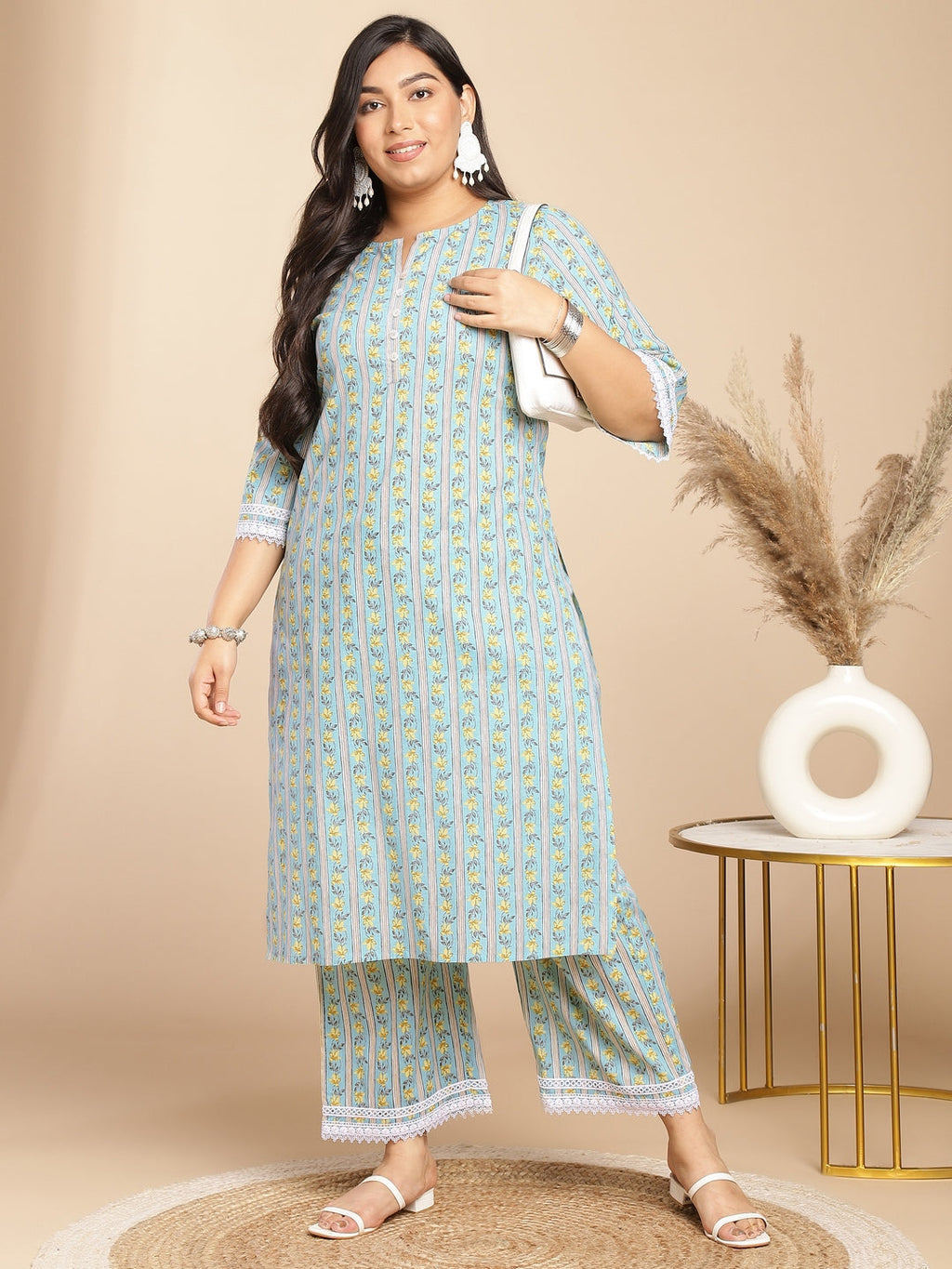 Janasya Regular Cotton Cambric Light Blue Floral Notch Neck Kurta Set | Grocsy