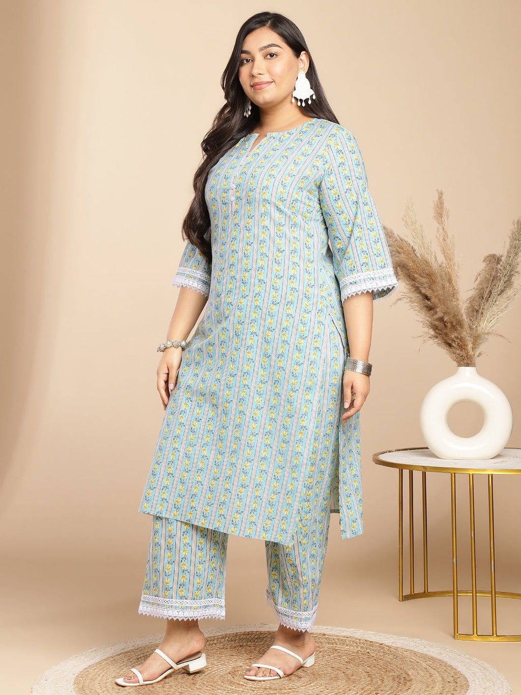Janasya Regular Cotton Cambric Light Blue Floral Notch Neck Kurta Set | Grocsy